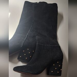 Elegant Black Suede Boots with Gold Studded Heels